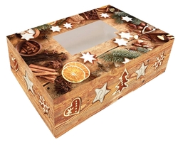 Vánoční krabice na cukroví Hnědá vzor dřevo s perníčky