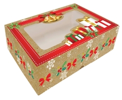Vánoční krabice na cukroví Hnědá s dárky a zvonky