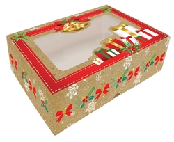 Vánoční krabice na cukroví Hnědá s dárky a zvonky 23 x 15 x 5 cm