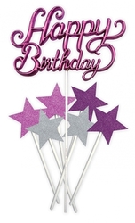Zápich na dort Happy Birthday+ hvězdy- fialový