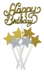 Zápich na dort Happy Birthday+ hvězdy- zlatý