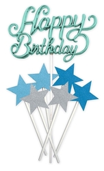 Zápich na dort Happy Birthday+ hvězdy- modrý