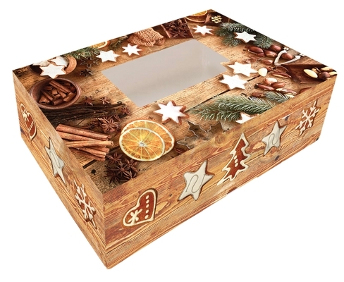 Vánoční krabice na cukroví Hnědá vzor dřevo s perníčky