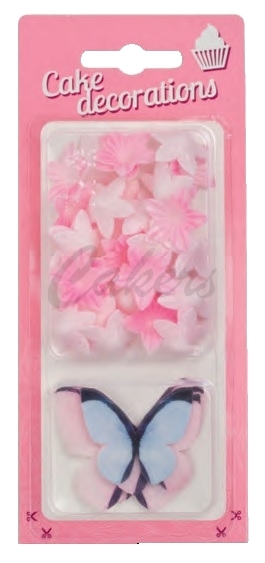 Dekorace z jedlého papíru Motýlci růžoví a modří a květiny mini růžové (30 ks)