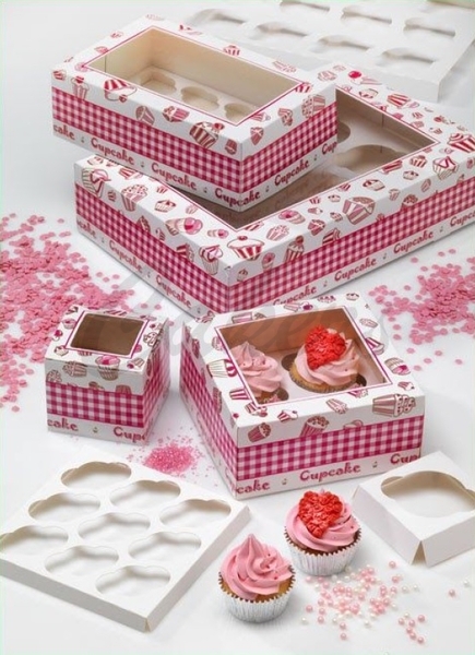 Krabička na muffiny bílo-růžová s cupcakes (na 4 ks)