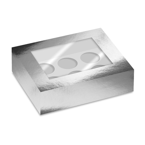 STŘÍBRNÁ  METALICKÁ krabička na cupcakes s okénkem –  6 ks