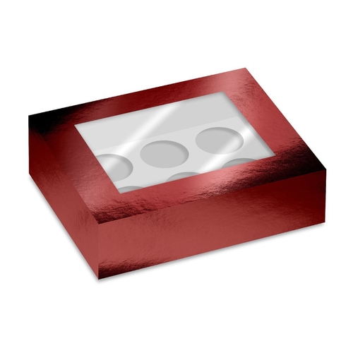 ČERVENÁ METALICKÁ krabička na cupcakes s okénkem –  6 ks 