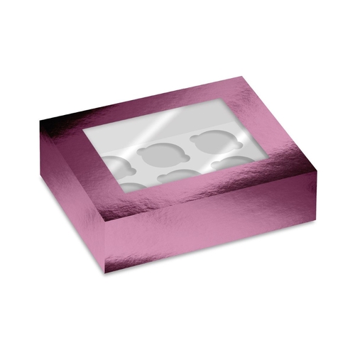 RŮŽOVÁ METALICKÁ krabička na cupcakes s okénkem –  6 ks